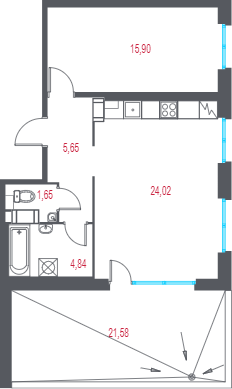 2-комнатная (Евро) квартира, 58.53 м² в ЖК "Город-спутник Южный" - планировка, фото №1