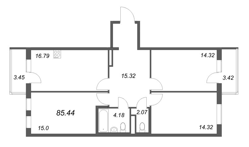 4-комнатная (Евро) квартира, 85.44 м² в ЖК "Новая история" - планировка, фото №1