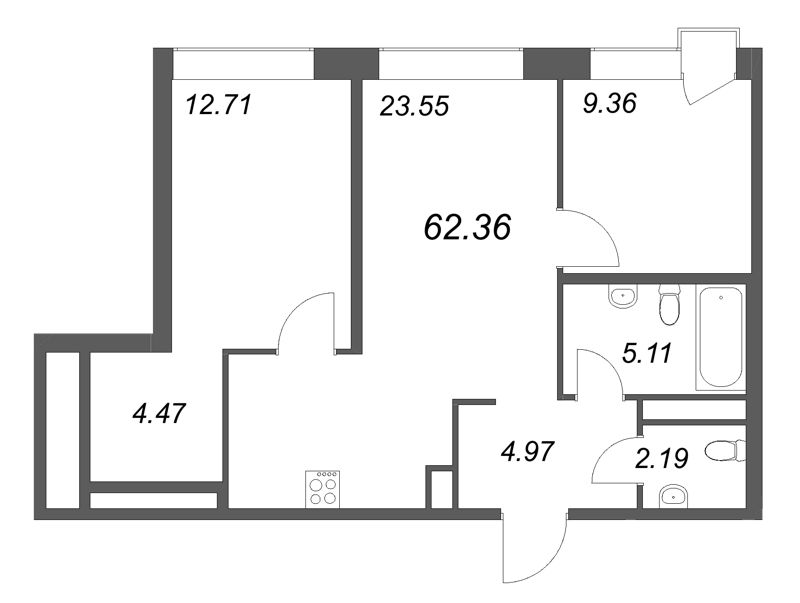 3-комнатная (Евро) квартира, 62.36 м² в ЖК "Avant" - планировка, фото №1