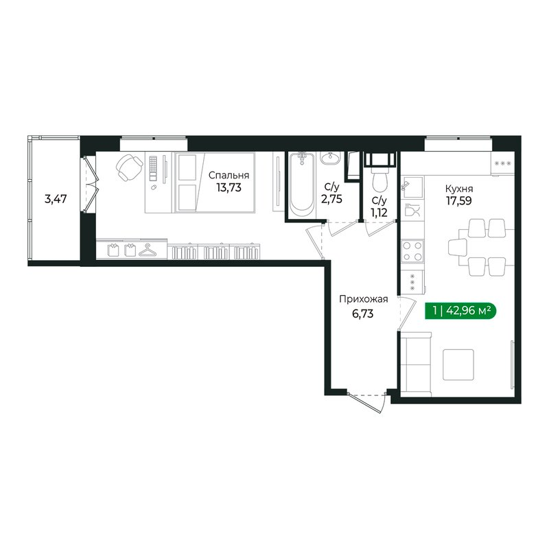 2-комнатная (Евро) квартира, 41.6 м² в ЖК "Сертолово Парк" - планировка, фото №1