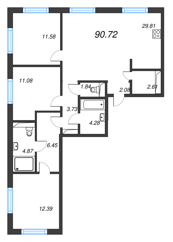 4-комнатная (Евро) квартира, 90.72 м² в ЖК "Legenda Васильевского" - планировка, фото №1