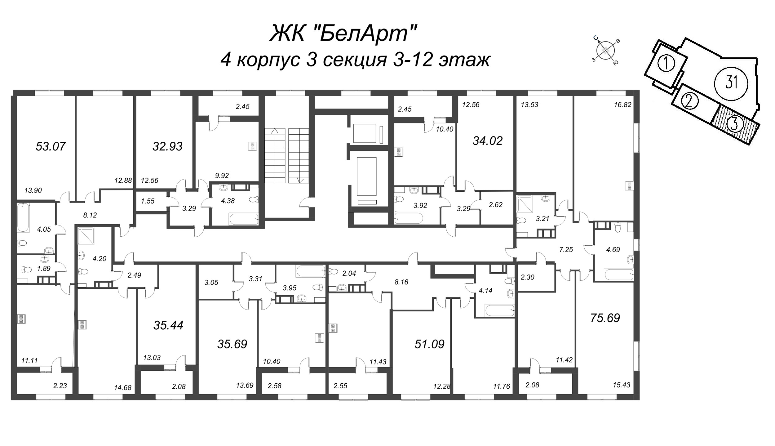 1-комнатная квартира, 34.02 м² в ЖК "БелАрт" - планировка этажа