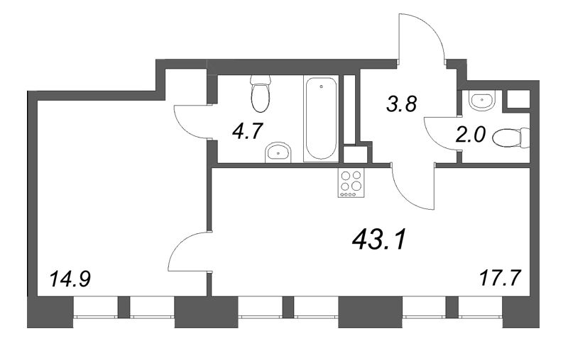 2-комнатная (Евро) квартира, 43.1 м² в ЖК "Коллекционер" - планировка, фото №1