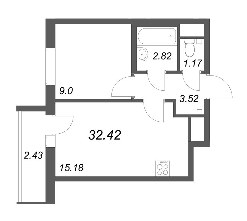 2-комнатная (Евро) квартира, 32.42 м² в ЖК "Южный форт" - планировка, фото №1