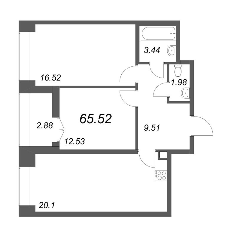 2-комнатная (Евро) квартира, 65.52 м² - планировка, фото №1