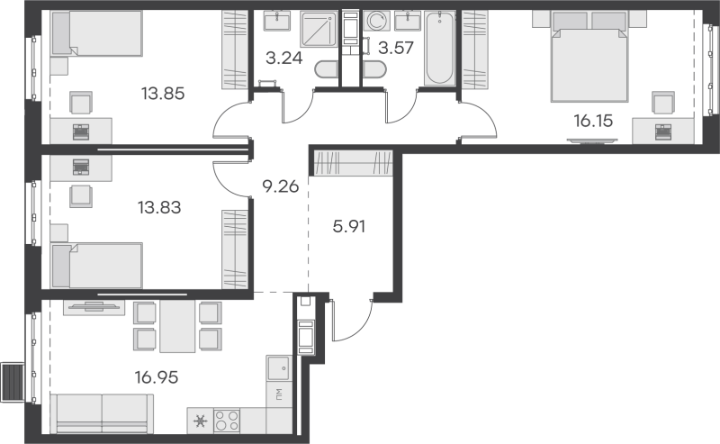 4-комнатная (Евро) квартира, 82.76 м² в ЖК "GloraX Балтийская" - планировка, фото №1