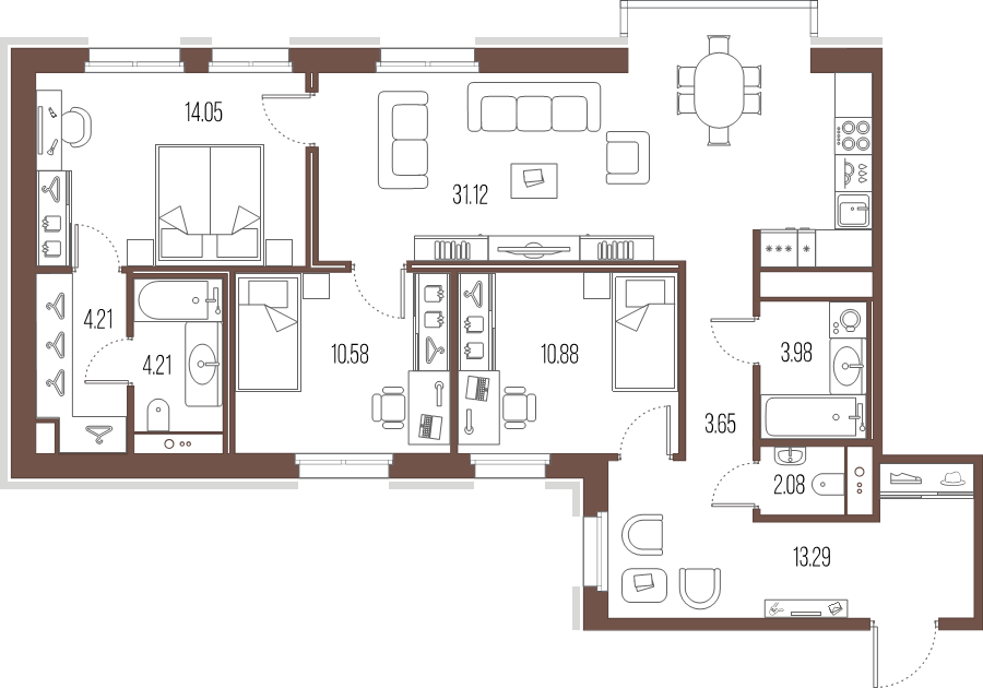 4-комнатная (Евро) квартира, 98.05 м² - планировка, фото №1