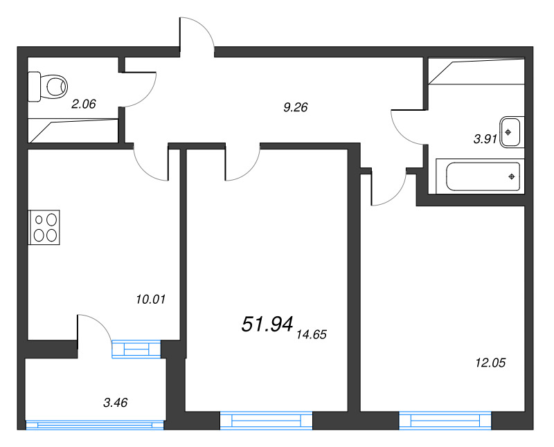 2-комнатная квартира, 51.94 м² в ЖК "Ясно.Янино" - планировка, фото №1