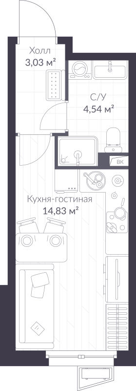 Квартира-студия, 22.4 м² - планировка, фото №1