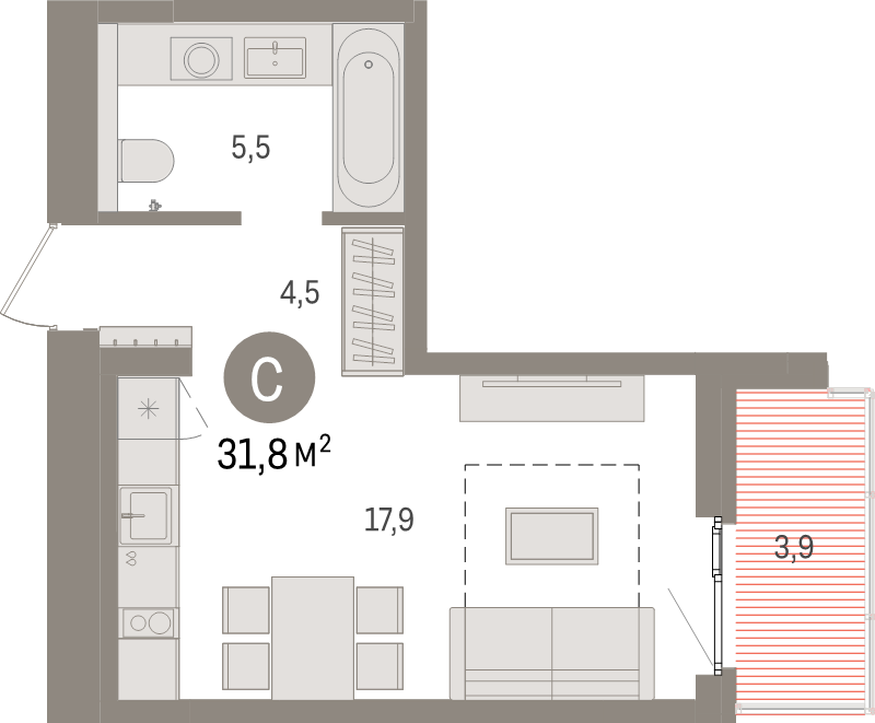 Квартира-студия, 31.8 м² в ЖК "Брусника в Новоселье" - планировка, фото №1