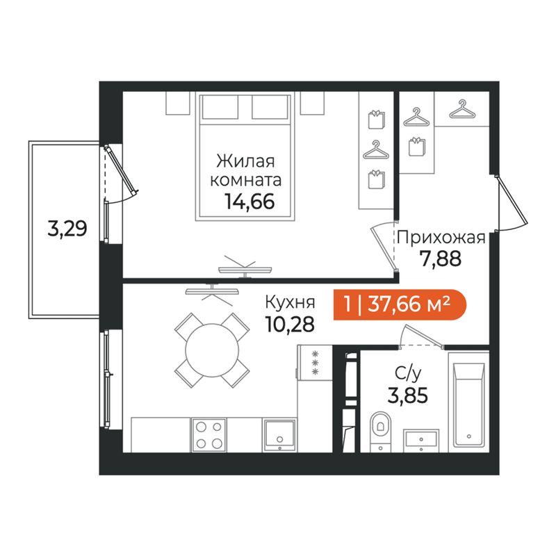 1-комнатная квартира, 37.66 м² в ЖК "Алгоритм Квинта" - планировка, фото №1