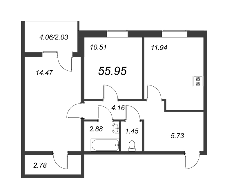 2-комнатная квартира, 53.92 м² - планировка, фото №1