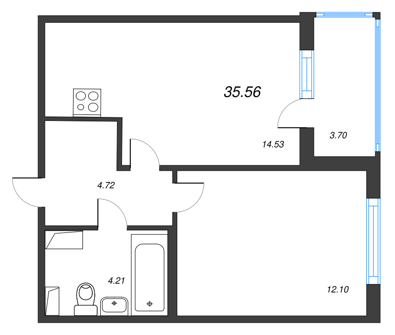 1-комнатная квартира, 35.56 м² в ЖК "Любоград" - планировка, фото №1