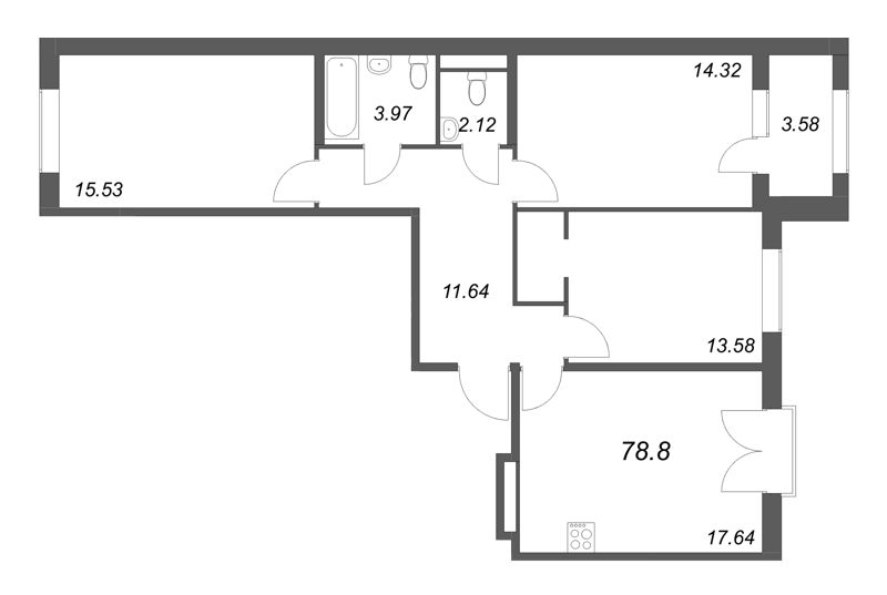 4-комнатная (Евро) квартира, 78.8 м² в ЖК "Дубровский" - планировка, фото №1