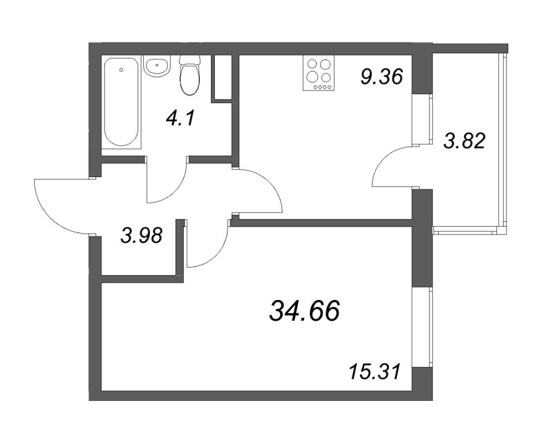 1-комнатная квартира, 34.66 м² - планировка, фото №1