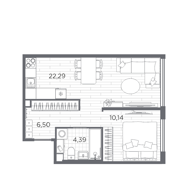 2-комнатная (Евро) квартира, 43.32 м² в ЖК "PLUS Пулковский" - планировка, фото №1