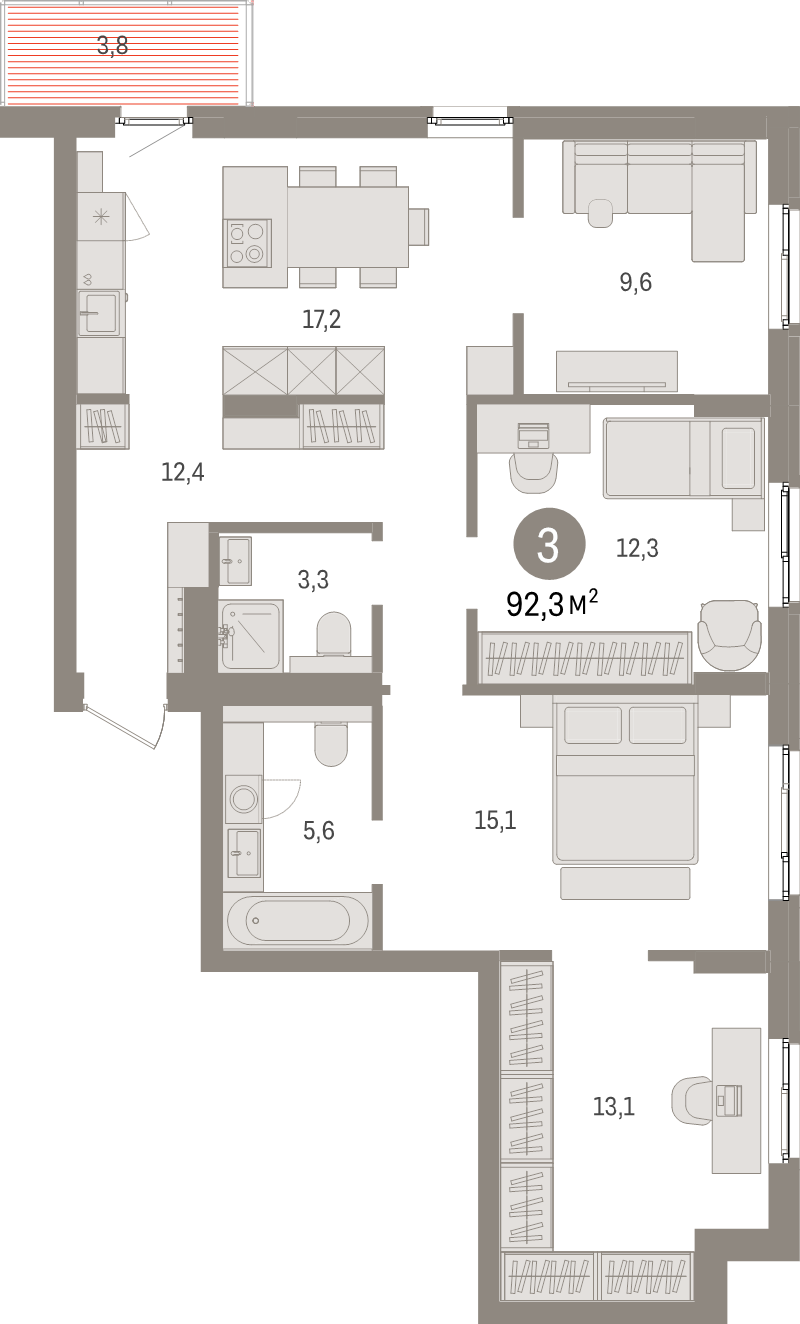4-комнатная (Евро) квартира, 92.3 м² в ЖК "Брусника в Новоселье" - планировка, фото №1
