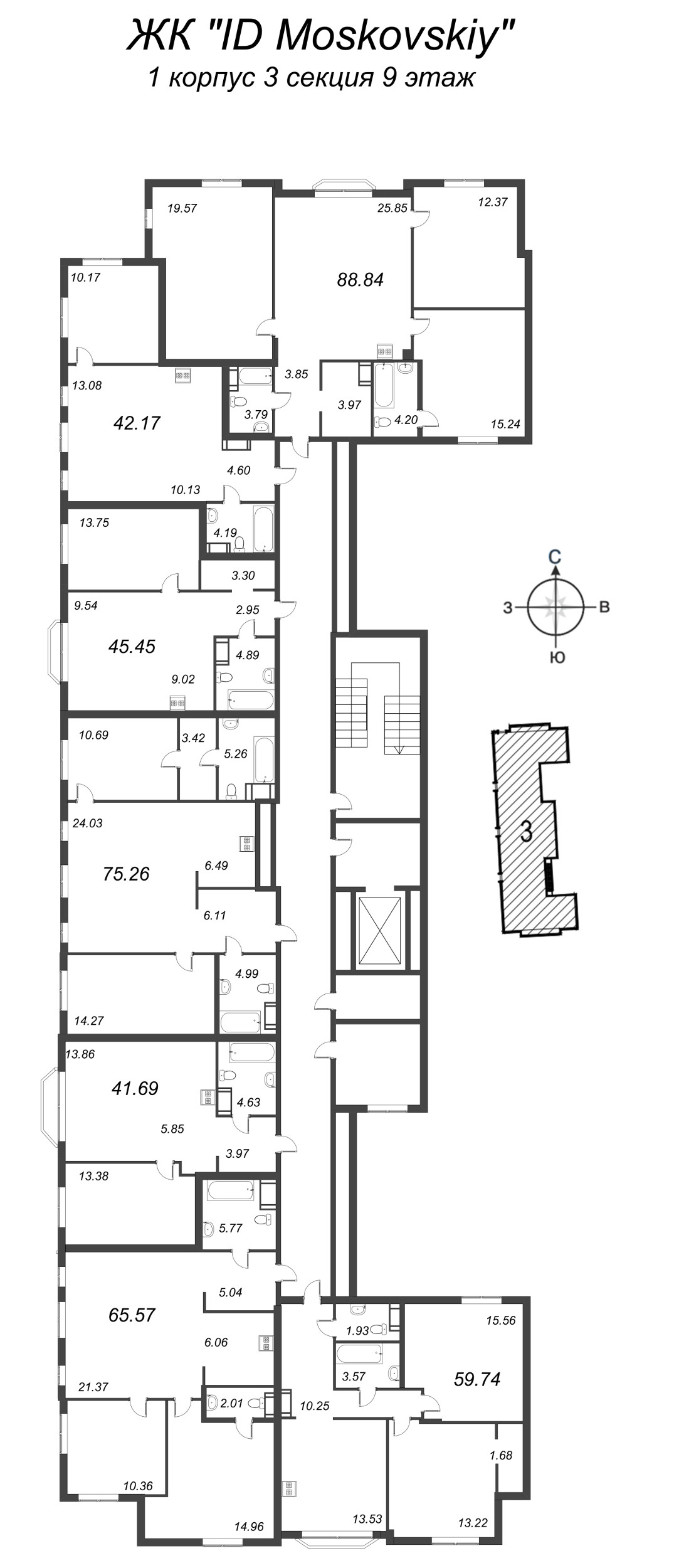 4-комнатная (Евро) квартира, 88.84 м² - планировка этажа