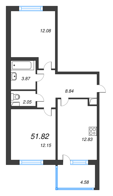 2-комнатная квартира, 51.82 м² - планировка, фото №1