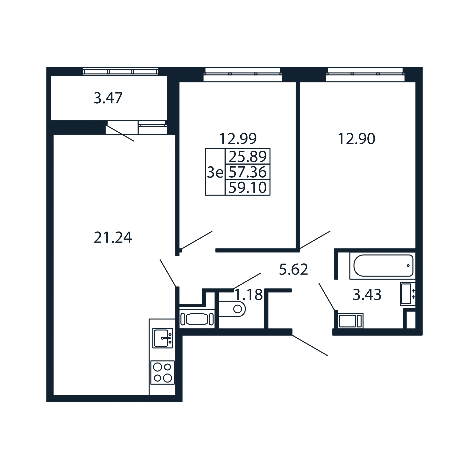 3-комнатная (Евро) квартира, 57.36 м² в ЖК "Полис Приморский 2" - планировка, фото №1