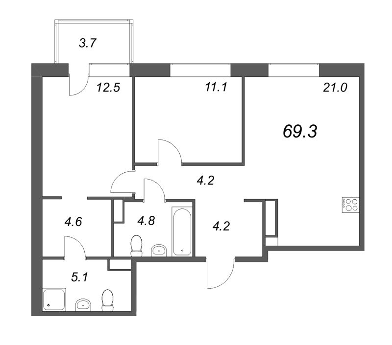 3-комнатная (Евро) квартира, 69.3 м² в ЖК "Куинджи" - планировка, фото №1