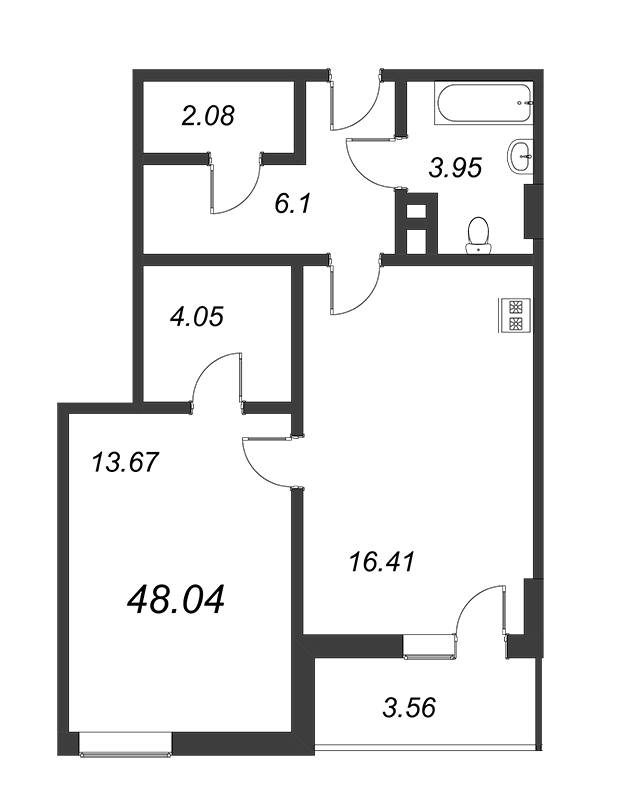 1-комнатная квартира, 47.6 м² в ЖК "WINGS апартаменты на Крыленко" - планировка, фото №1