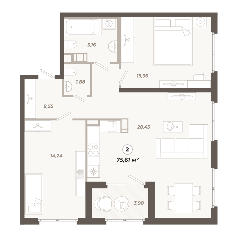 3-комнатная (Евро) квартира, 75.61 м² в ЖК "Знатный" - планировка, фото №1
