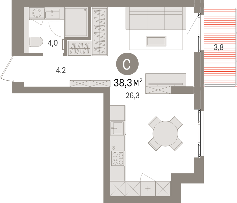Квартира-студия, 38.3 м² в ЖК "Брусника в Новоселье" - планировка, фото №1