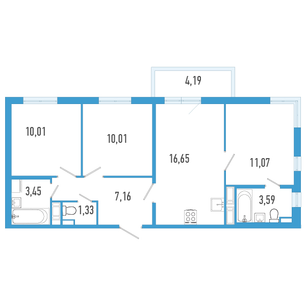 4-комнатная (Евро) квартира, 64.53 м² - планировка, фото №1
