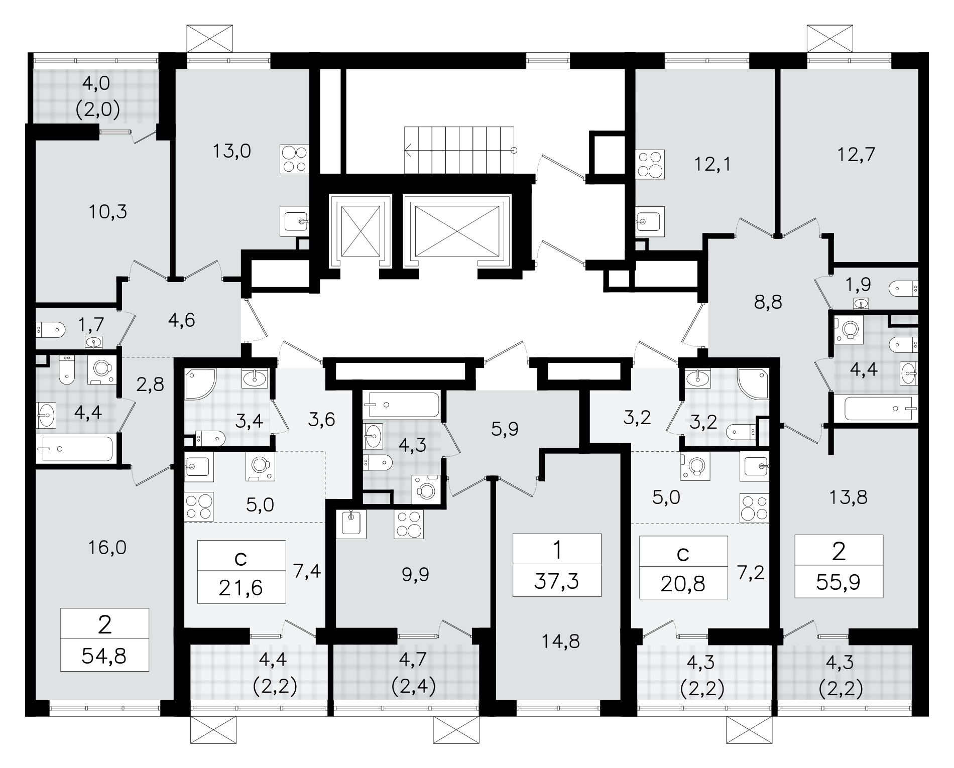 2-комнатная квартира, 55.9 м² - планировка этажа