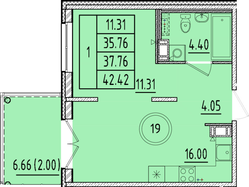 2-комнатная (Евро) квартира, 35.76 м² в ЖК "Образцовый квартал 17" - планировка, фото №1