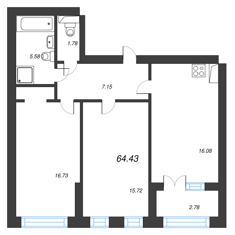 2-комнатная квартира, 64.43 м² в ЖК "Наука" - планировка, фото №1