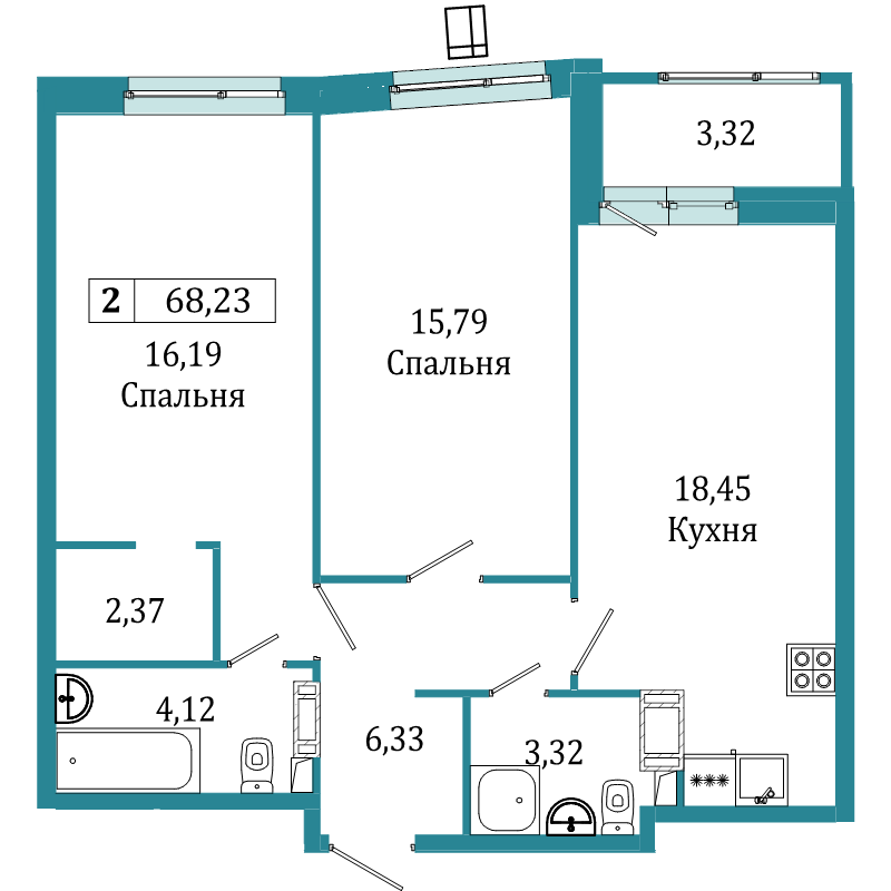 2-комнатная квартира, 68.23 м² - планировка, фото №1