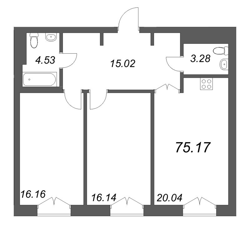 3-комнатная (Евро) квартира, 75.17 м² в ЖК "Фонтанка 130" - планировка, фото №1