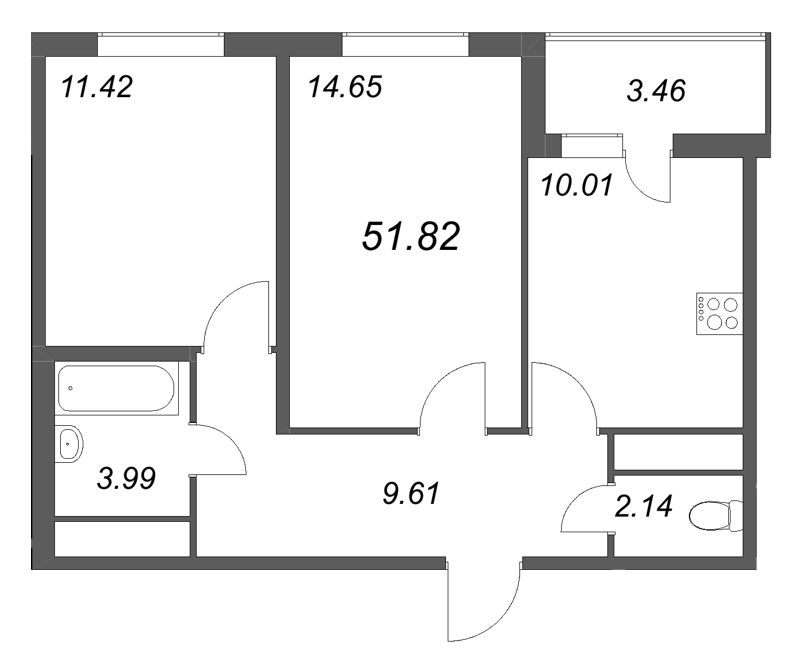 2-комнатная квартира, 51.82 м² в ЖК "Ясно.Янино" - планировка, фото №1