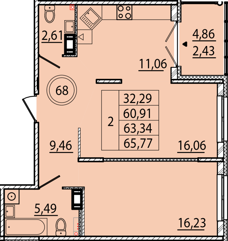 2-комнатная квартира, 60.91 м² в ЖК "Образцовый квартал 15" - планировка, фото №1