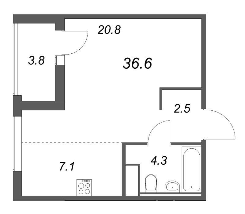 1-комнатная квартира, 36.6 м² в ЖК "Янила Форест" - планировка, фото №1