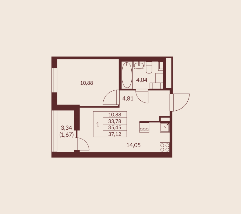 1-комнатная квартира, 35.45 м² в ЖК "Амурино" - планировка, фото №1