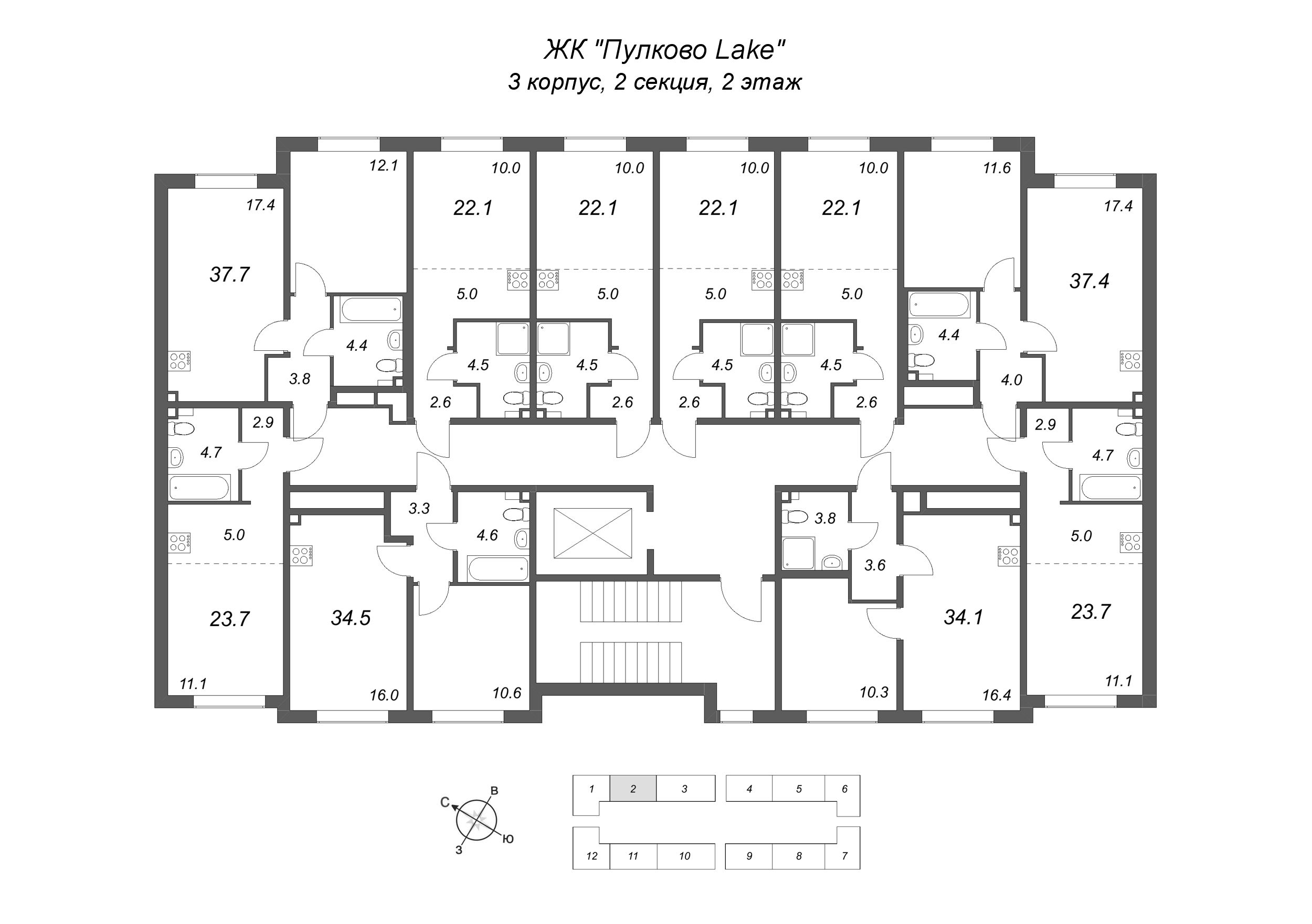 2-комнатная (Евро) квартира, 34.1 м² в ЖК "Пулково Lake" - планировка этажа