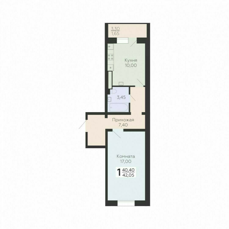 1-комнатная квартира, 42.05 м² в ЖК "Ленский" - планировка, фото №1
