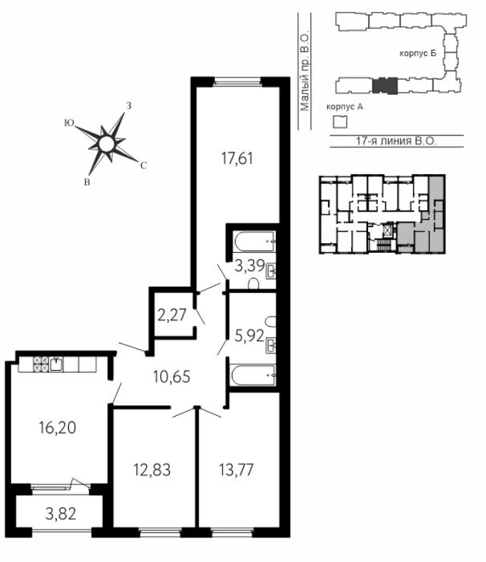 4-комнатная (Евро) квартира, 84.55 м² в ЖК "17-я линия" - планировка, фото №1