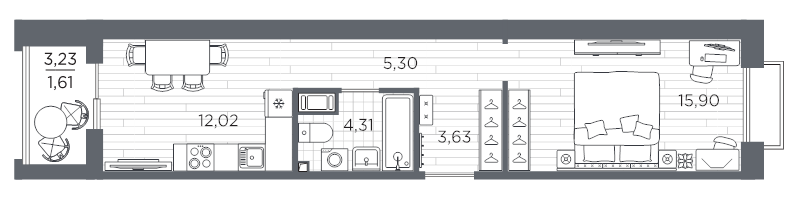 1-комнатная квартира, 42.78 м² в ЖК "Респект" - планировка, фото №1