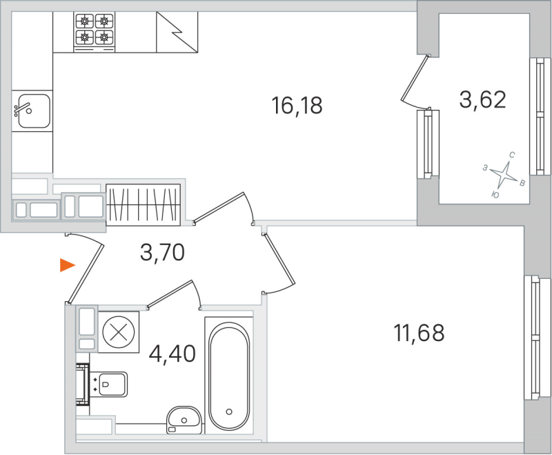 2-комнатная (Евро) квартира, 35.96 м² в ЖК "Дубровский" - планировка, фото №1