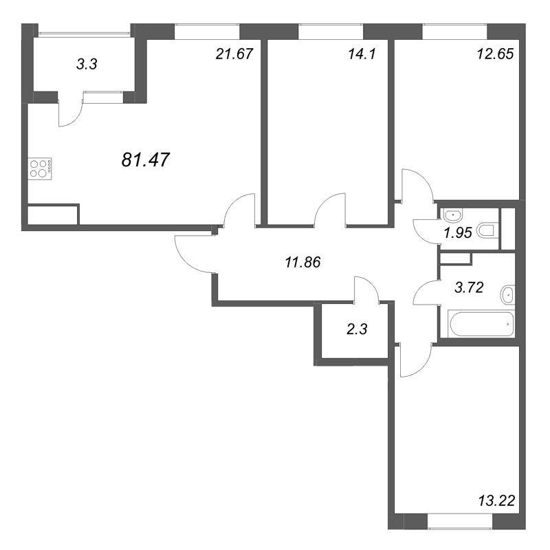 4-комнатная (Евро) квартира, 81.47 м² в ЖК "ЮгТаун" - планировка, фото №1