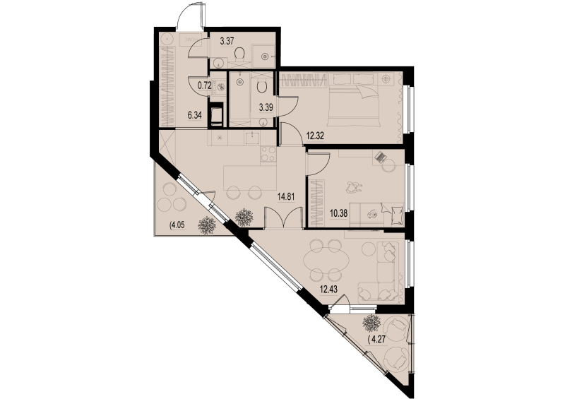 3-комнатная квартира, 62.73 м² - планировка, фото №1