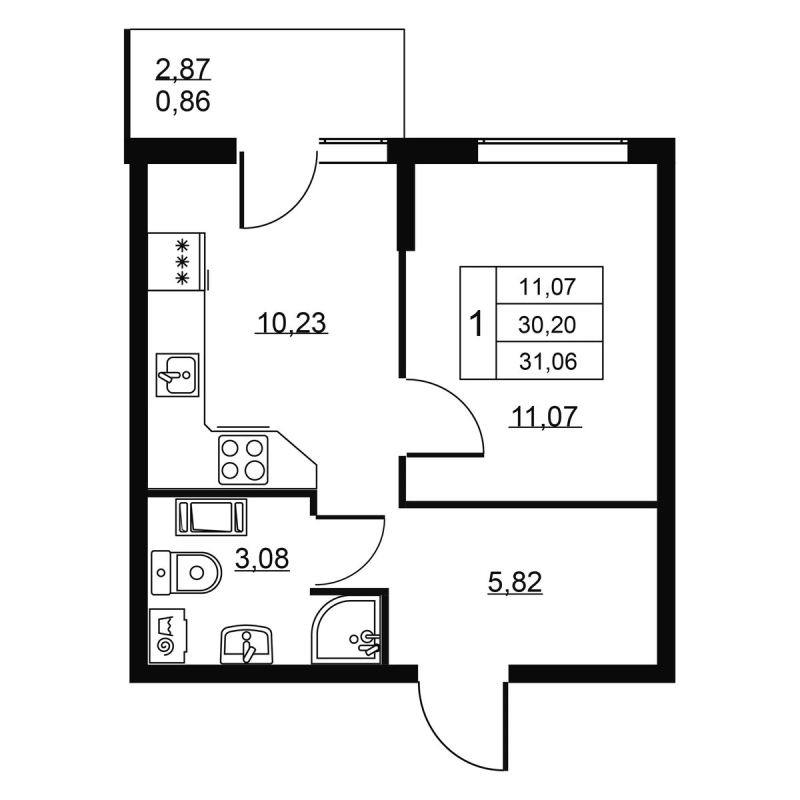 1-комнатная квартира, 31.06 м² в ЖК "Пулковское, 34" - планировка, фото №1