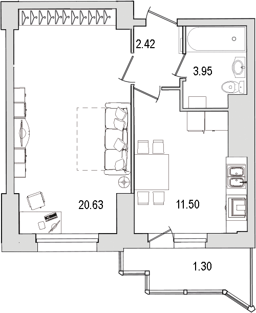 1-комнатная квартира, 42 м² в ЖК "Шекспир" - планировка, фото №1