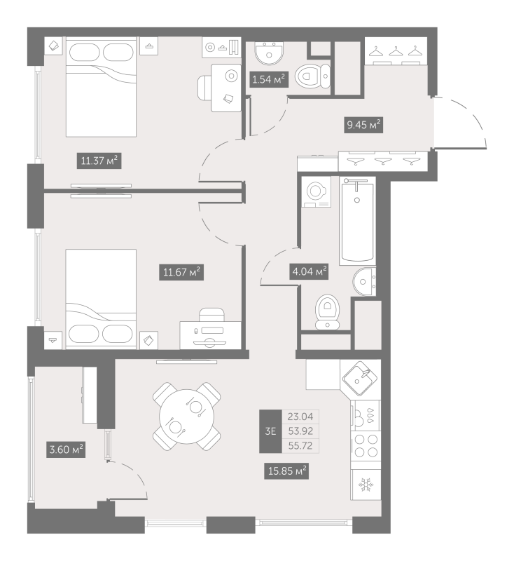 3-комнатная (Евро) квартира, 55.72 м² в ЖК "UP-квартал Новый Московский" - планировка, фото №1