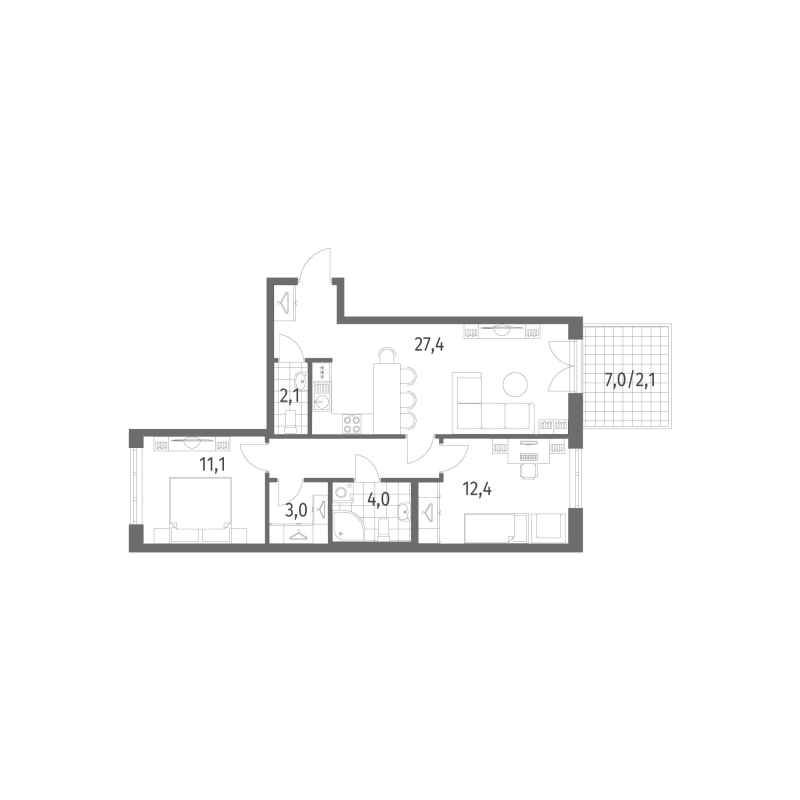 2-комнатная квартира, 67.7 м² - планировка, фото №1