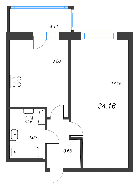 1-комнатная квартира, 34.16 м² в ЖК "Полис ЛАВрики" - планировка, фото №1